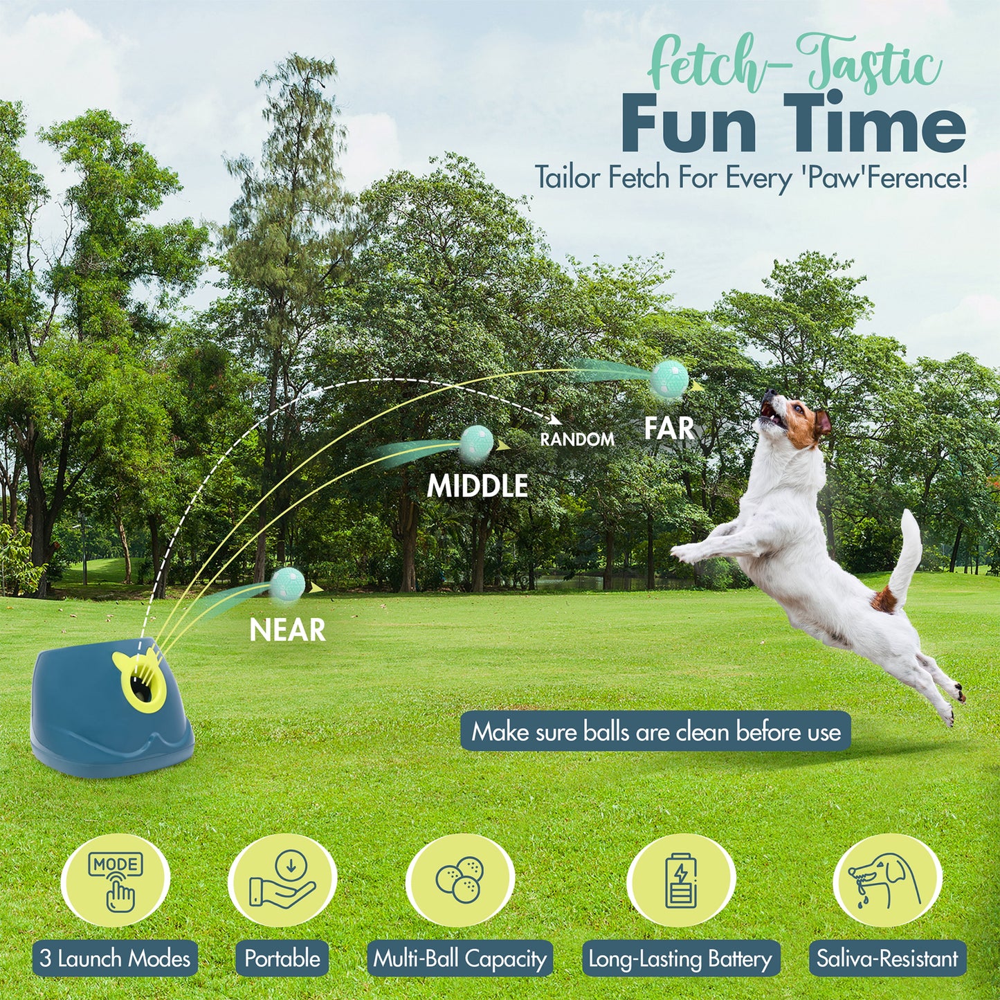 Automatic Dog Ball Launcher - Interactive Fetch Machine for Small to Medium Dogs with 6 Latex Balls and Dual Power Supply