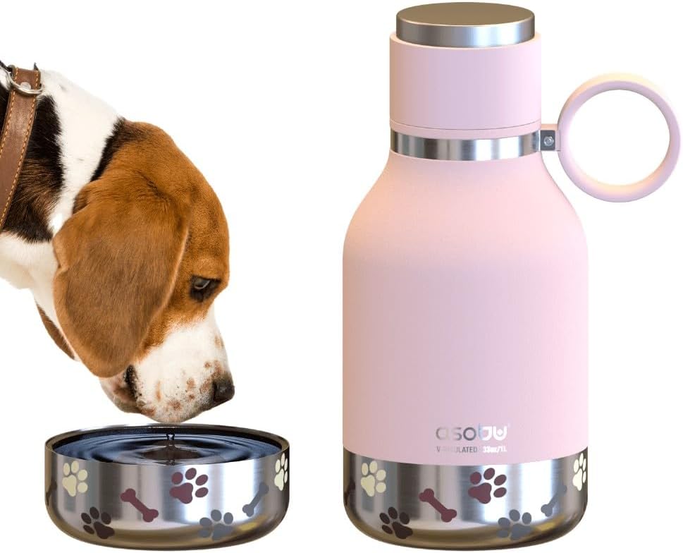 Buddy Bottle a Stainless Steel Insulated Water Bottle for with Removable Dog Water Bowl and Dog Food and Treat Storage Bowl (Burgundy, 37 Oz Water Bottle with Bowl)