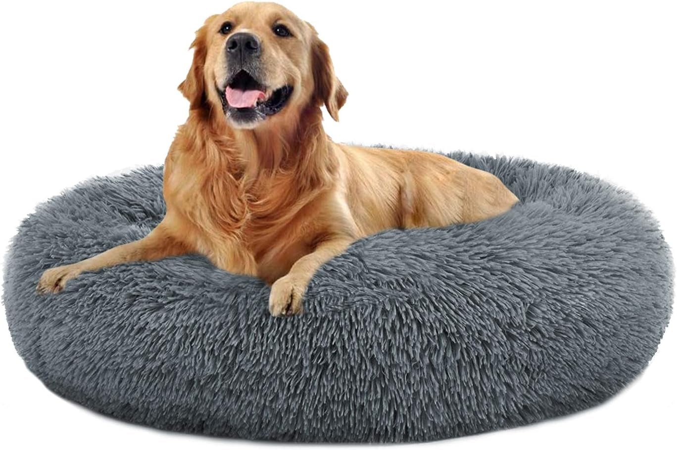 Plush Calming Donut Dog Bed | Self-Warming Faux Fur Cuddler Nest