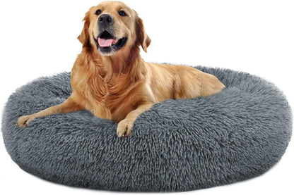 Plush Calming Donut Dog Bed | Self-Warming Faux Fur Cuddler Nest