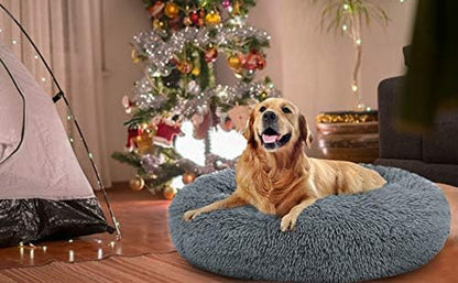 Plush Calming Donut Dog Bed | Self-Warming Faux Fur Cuddler Nest