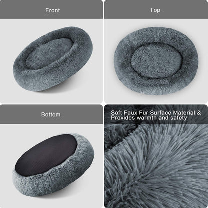 Plush Calming Donut Dog Bed | Self-Warming Faux Fur Cuddler Nest